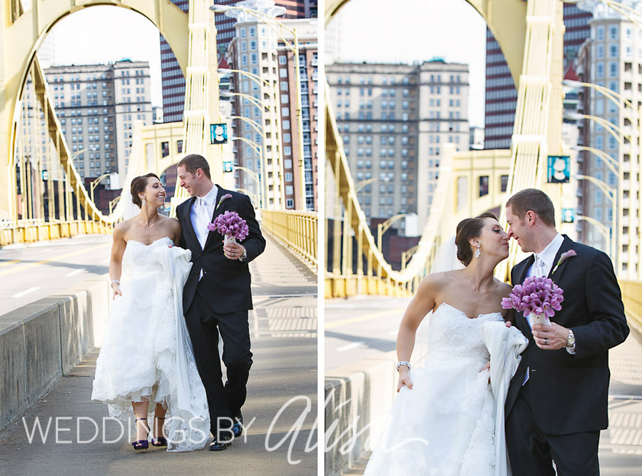 Wedding photos on Roberto Clemente Bridege on sunny spring day
